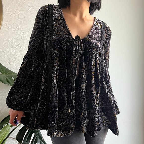 Women’s POL Black velvet oversized open tie front Top size small boho hippie - Picture 13 of 13